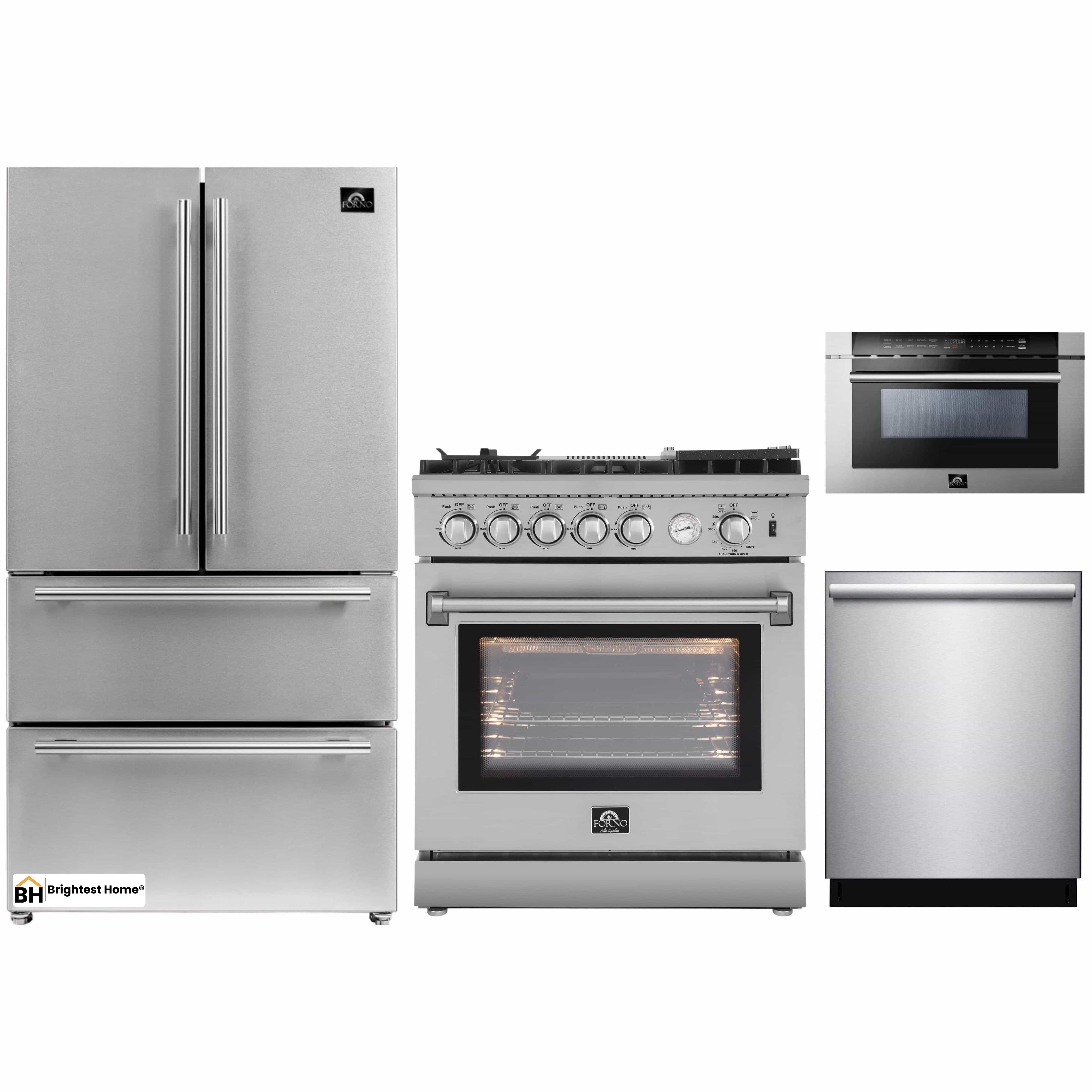 Forno 4-Piece Appliance Package - 30-Inch Gas Range with Air Fryer, Refrigerator, Microwave Drawer, & 3-Rack Dishwasher in Stainless Steel