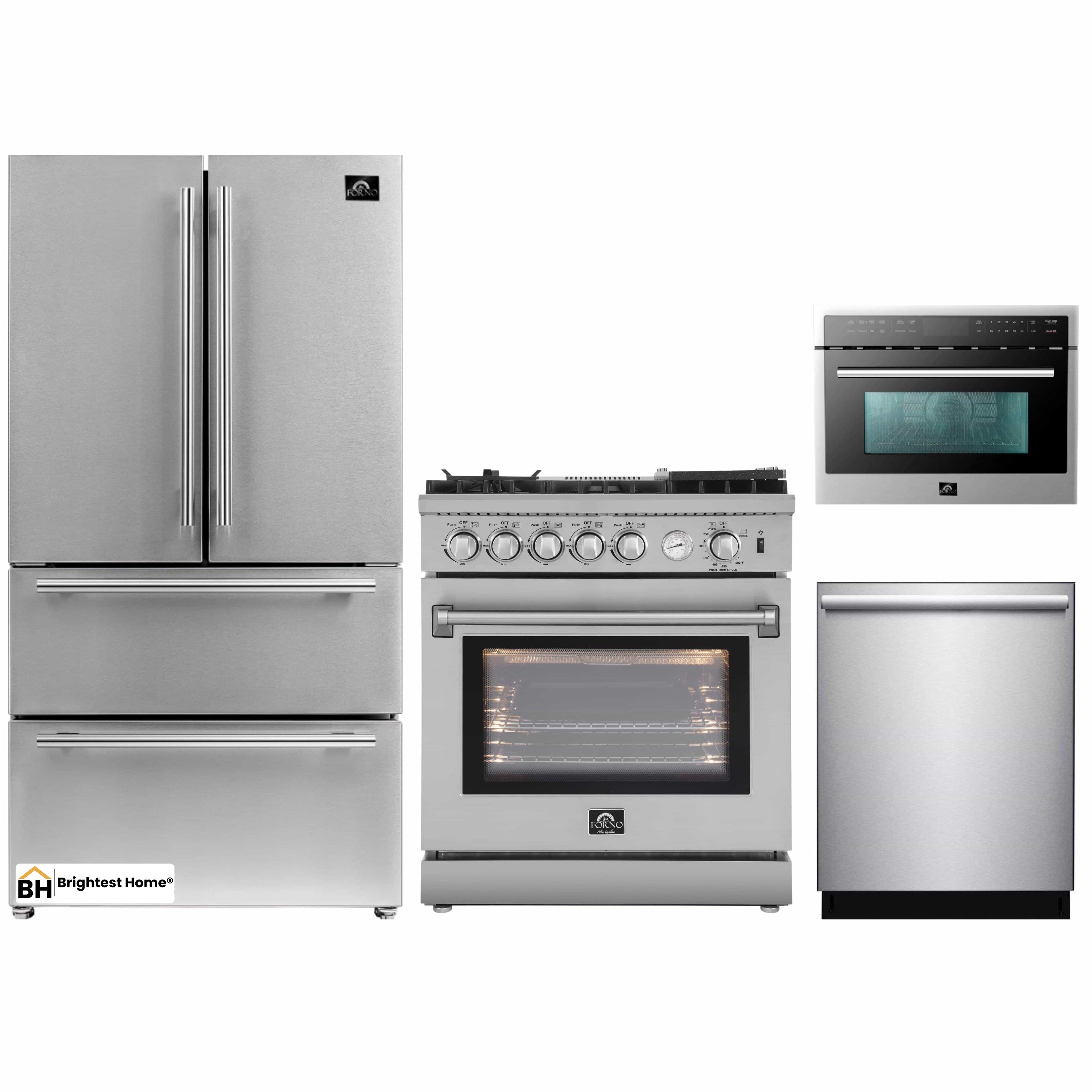 Forno 4-Piece Appliance Package - 30-Inch Gas Range with Air Fryer, Refrigerator, Microwave Oven, & 3-Rack Dishwasher in Stainless Steel