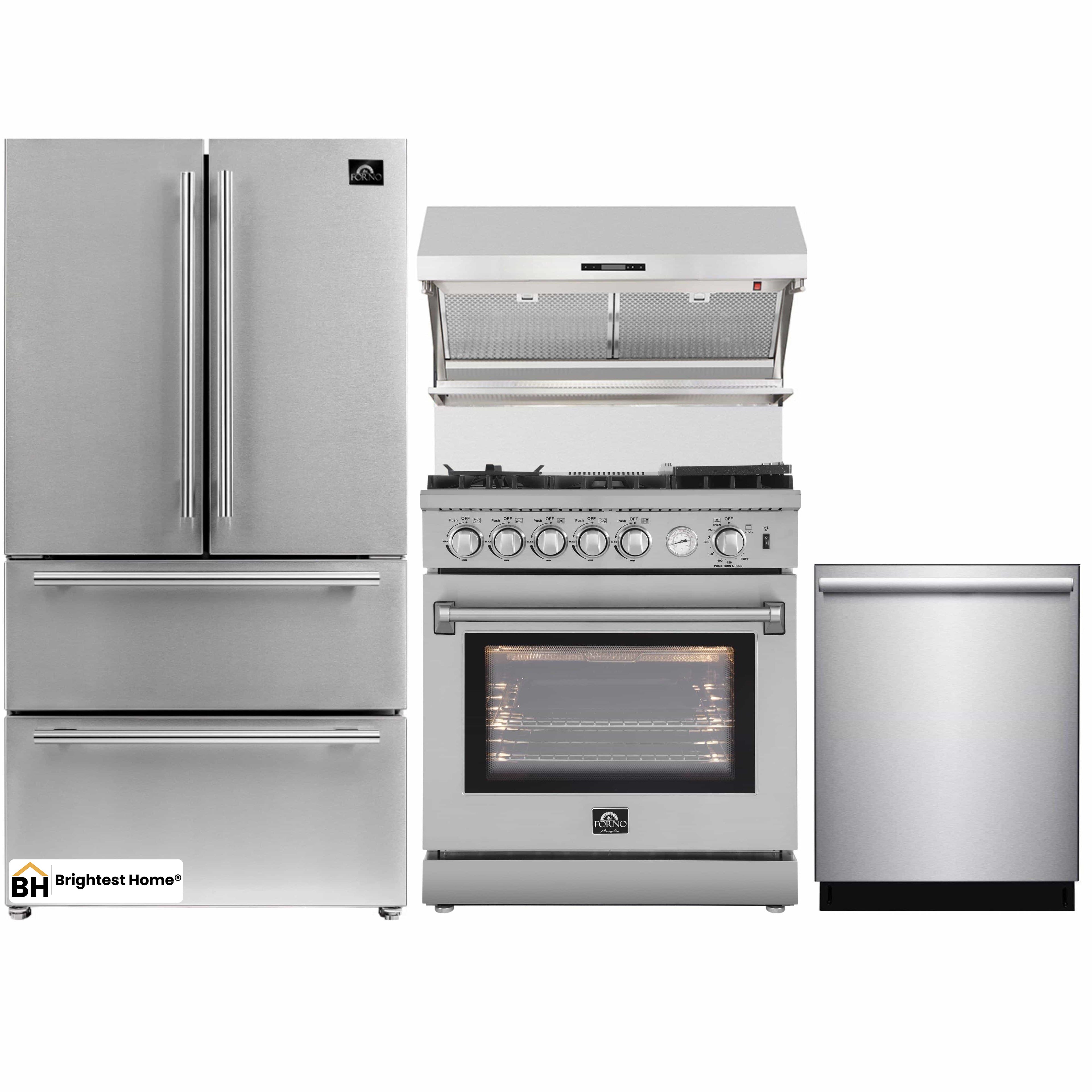 Forno 4-Piece Appliance Package - 30-Inch Gas Range with Air Fryer, Refrigerator, Wall Mount Hood with Backsplash, & 3-Rack Dishwasher in Stainless Steel