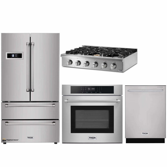 Thor Kitchen 4-Piece Pro Appliance Package - 36-Inch Rangetop, Electric Wall Oven, Dishwasher & Refrigerator in Stainless Steel