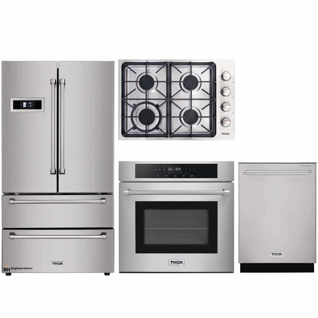 Thor Kitchen 4-Piece Pro Appliance Package - 30-Inch Gas Cooktop, Electric Wall Oven, Dishwasher & Refrigerator in Stainless Steel