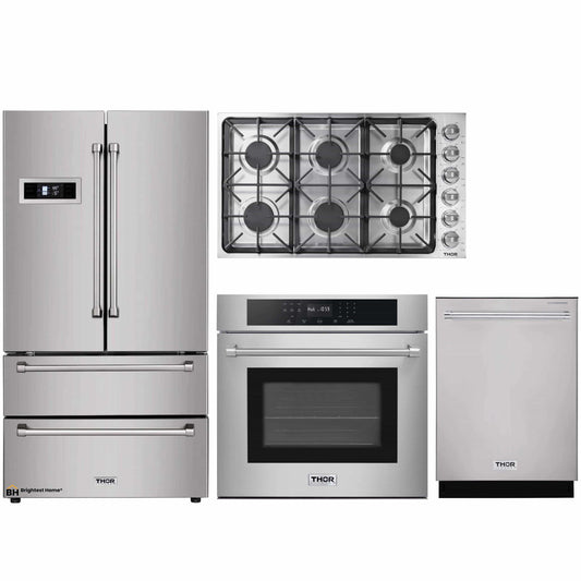 Thor Kitchen 4-Piece Pro Appliance Package - 36-Inch Gas Cooktop, Electric Wall Oven, Dishwasher & Refrigerator in Stainless Steel