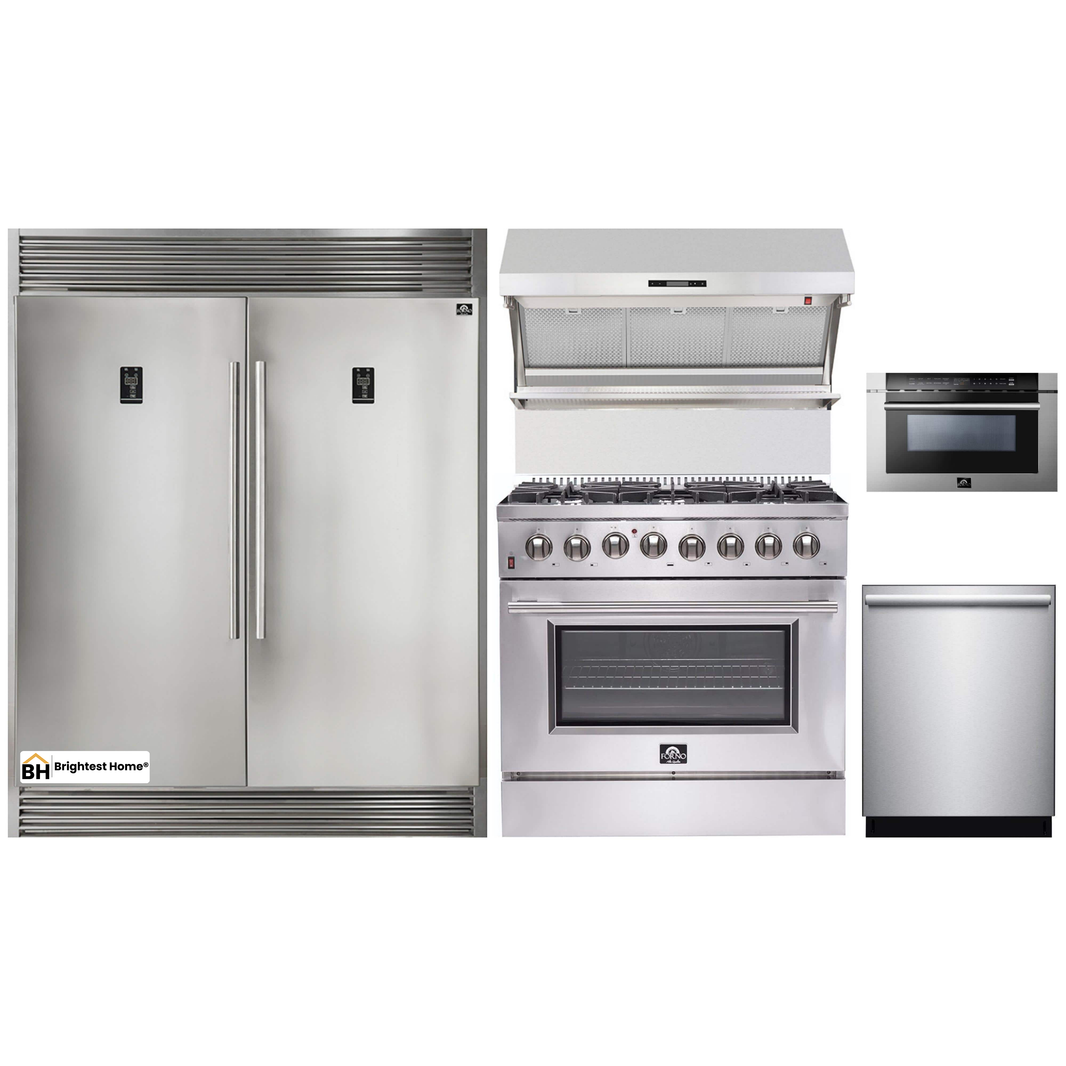 Forno 5-Piece Appliance Package - 36-Inch Dual Fuel Range, 56-Inch Pro-Style Refrigerator, Wall Mount Hood with Backsplash, Microwave Drawer, & 3-Rack Dishwasher in Stainless Steel