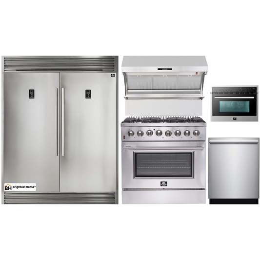 Forno 5-Piece Appliance Package - 36-Inch Dual Fuel Range, 56-Inch Pro-Style Refrigerator, Wall Mount Hood with Backsplash, Microwave Oven, & 3-Rack Dishwasher in Stainless Steel