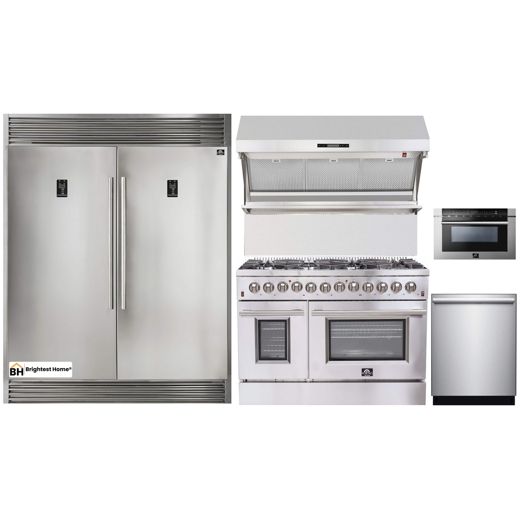 Forno 5-Piece Appliance Package - 48-Inch Dual Fuel Range, 56-Inch Pro-Style Refrigerator, Wall Mount Hood with Backsplash, Microwave Drawer, & 3-Rack Dishwasher in Stainless Steel