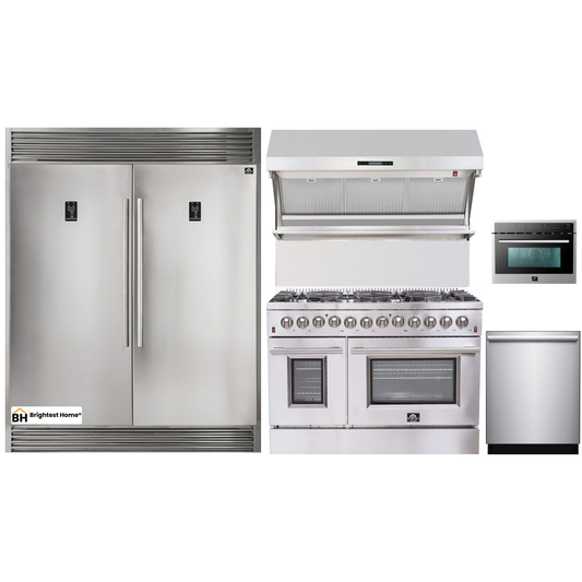 Forno 5-Piece Appliance Package - 48-Inch Dual Fuel Range, 56-Inch Pro-Style Refrigerator, Wall Mount Hood with Backsplash, Microwave Oven, & 3-Rack Dishwasher in Stainless Steel