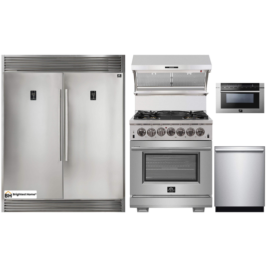 Forno 5-Piece Pro Appliance Package - 30-Inch Dual Fuel Range, 56-Inch Pro-Style Refrigerator, Wall Mount Hood with Backsplash, Microwave Drawer, & 3-Rack Dishwasher in Stainless Steel