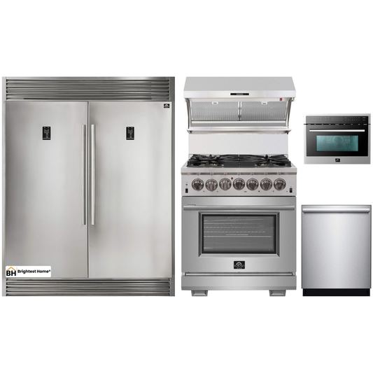 Forno 5-Piece Pro Appliance Package - 30-Inch Dual Fuel Range, 56-Inch Pro-Style Refrigerator, Wall Mount Hood with Backsplash, Microwave Oven, & 3-Rack Dishwasher in Stainless Steel