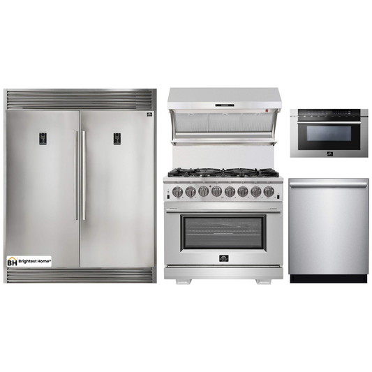 Forno 5-Piece Pro Appliance Package - 36-Inch Dual Fuel Range, 56-Inch Pro-Style Refrigerator, Wall Mount Hood with Backsplash, Microwave Drawer, & 3-Rack Dishwasher in Stainless Steel