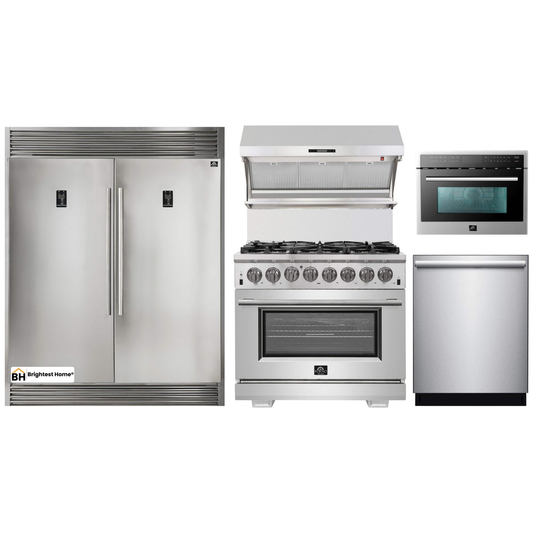 Forno 5-Piece Pro Appliance Package - 36-Inch Dual Fuel Range, 56-Inch Pro-Style Refrigerator, Wall Mount Hood with Backsplash, Microwave Oven, & 3-Rack Dishwasher in Stainless Steel