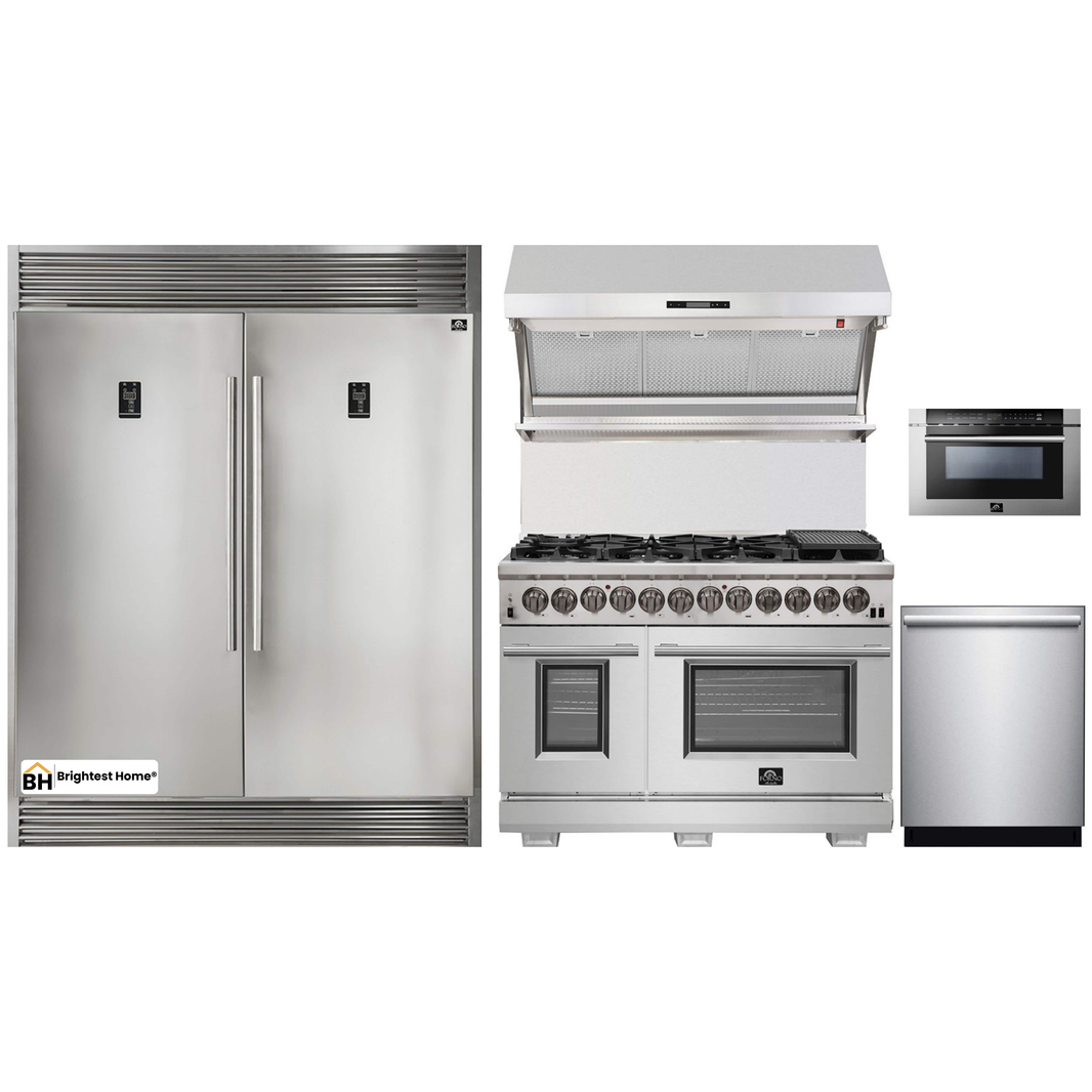 Forno 5-Piece Pro Appliance Package - 48-Inch Dual Fuel Range, 56-Inch Pro-Style Refrigerator, Wall Mount Hood with Backsplash, Microwave Drawer, & 3-Rack Dishwasher in Stainless Steel