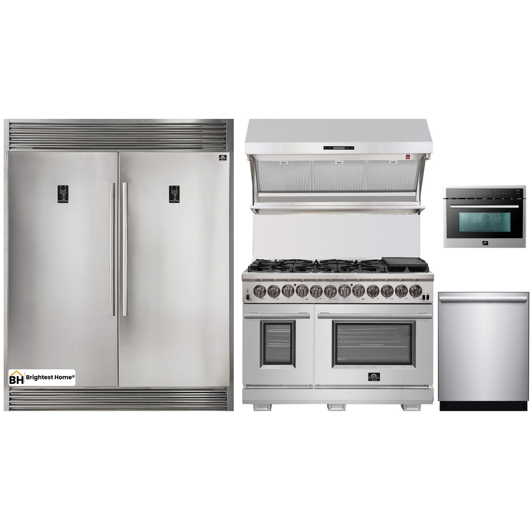 Forno 5-Piece Pro Appliance Package - 48-Inch Dual Fuel Range, 56-Inch Pro-Style Refrigerator, Wall Mount Hood with Backsplash, Microwave Oven, & 3-Rack Dishwasher in Stainless Steel