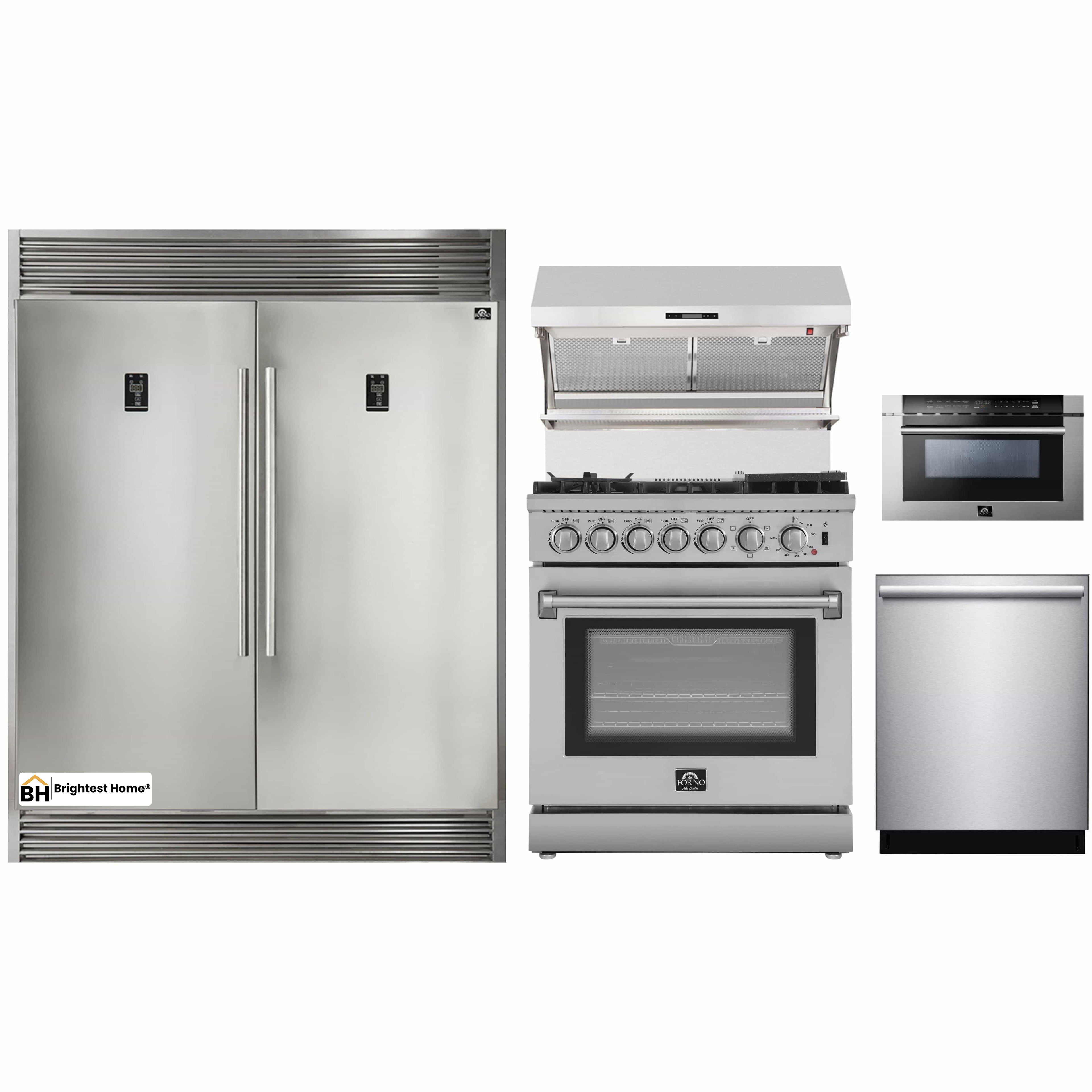 Forno 5-Piece Appliance Package - 30-Inch Dual Fuel Range with Air Fryer, 56-Inch Pro-Style Refrigerator, Wall Mount Hood with Backsplash, Microwave Drawer, & 3-Rack Dishwasher in Stainless Steel