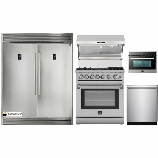 Forno 5-Piece Appliance Package - 30-Inch Dual Fuel Range with Air Fryer, 56-Inch Pro-Style Refrigerator, Wall Mount Hood with Backsplash, Microwave Oven, & 3-Rack Dishwasher in Stainless Steel