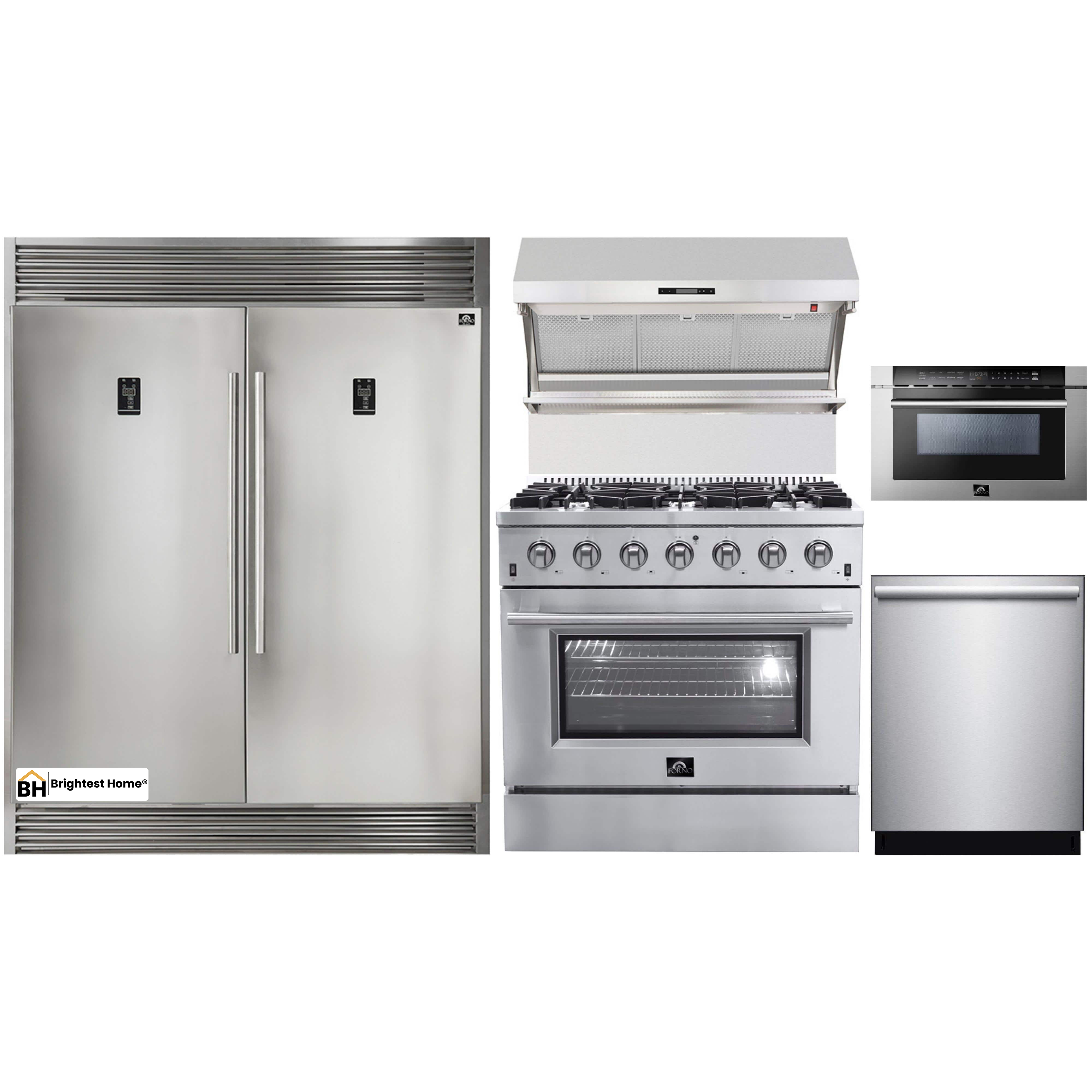 Forno 5-Piece Appliance Package - 36-Inch Gas Range, 56-Inch Pro-Style Refrigerator, Wall Mount Hood with Backsplash, Microwave Drawer, & 3-Rack Dishwasher in Stainless Steel