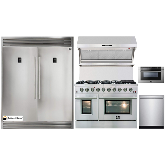 Forno 5-Piece Appliance Package - 48-Inch Gas Range, 56-Inch Pro-Style Refrigerator, Wall Mount Hood with Backsplash, Microwave Drawer, & 3-Rack Dishwasher in Stainless Steel