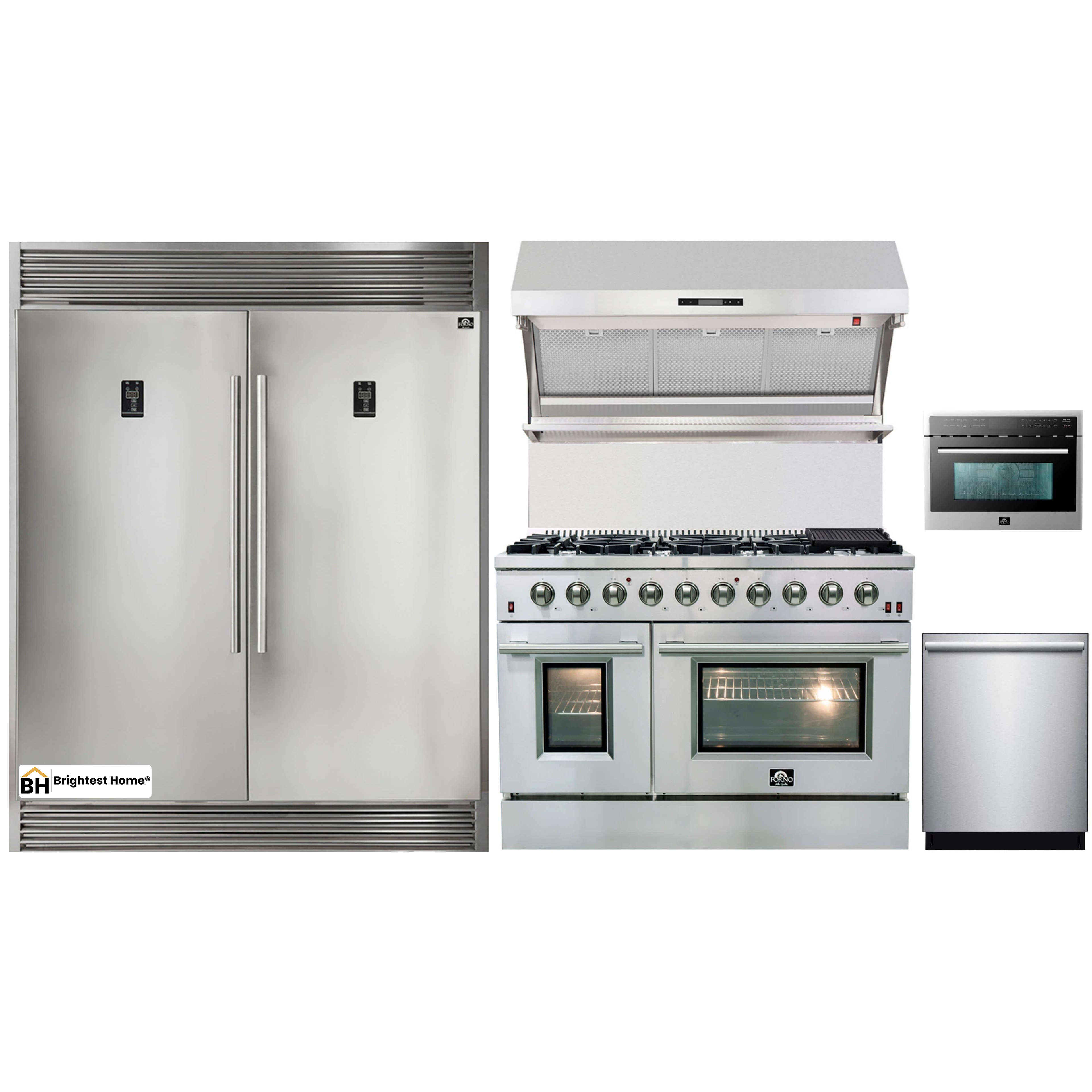 Forno 5-Piece Appliance Package - 48-Inch Gas Range, 56-Inch Pro-Style Refrigerator, Wall Mount Hood with Backsplash, Microwave Oven, & 3-Rack Dishwasher in Stainless Steel