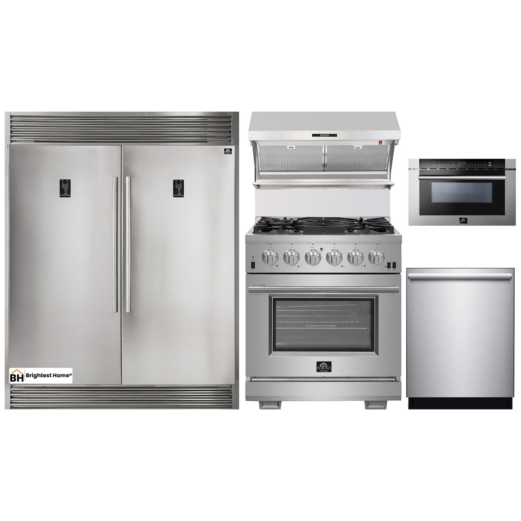 Forno 5-Piece Pro Appliance Package - 30-Inch Gas Range, 56-Inch Pro-Style Refrigerator, Wall Mount Hood with Backsplash, Microwave Drawer, & 3-Rack Dishwasher in Stainless Steel