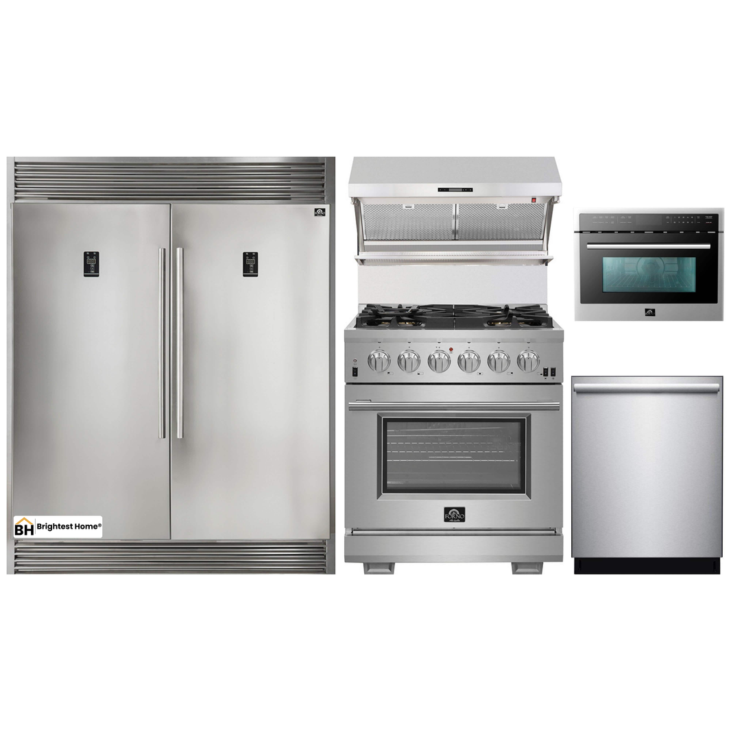 Forno 5-Piece Pro Appliance Package - 30-Inch Gas Range, 56-Inch Pro-Style Refrigerator, Wall Mount Hood with Backsplash, Microwave Oven, & 3-Rack Dishwasher in Stainless Steel