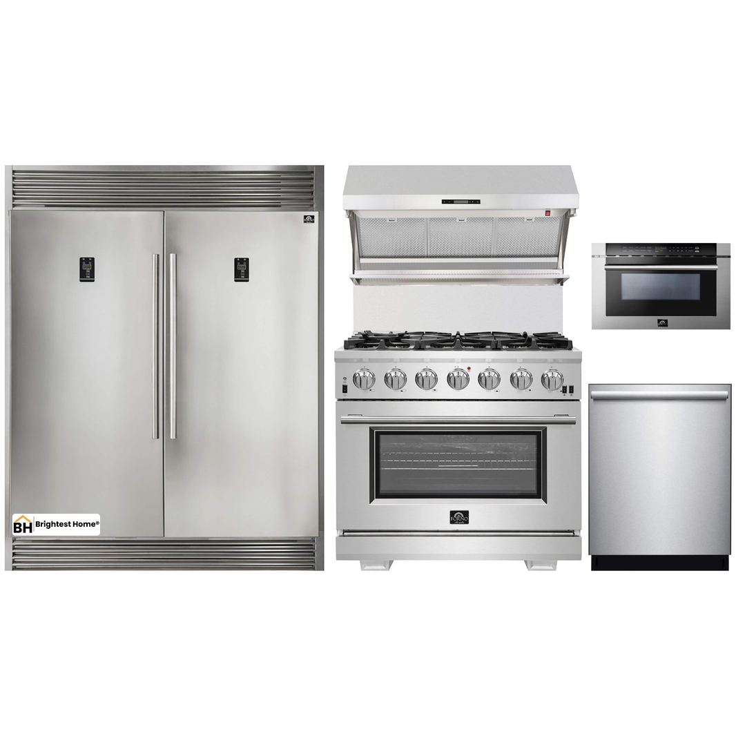 Forno 5-Piece Pro Appliance Package - 36-Inch Gas Range, 56-Inch Pro-Style Refrigerator, Wall Mount Hood with Backsplash, Microwave Drawer, & 3-Rack Dishwasher in Stainless Steel