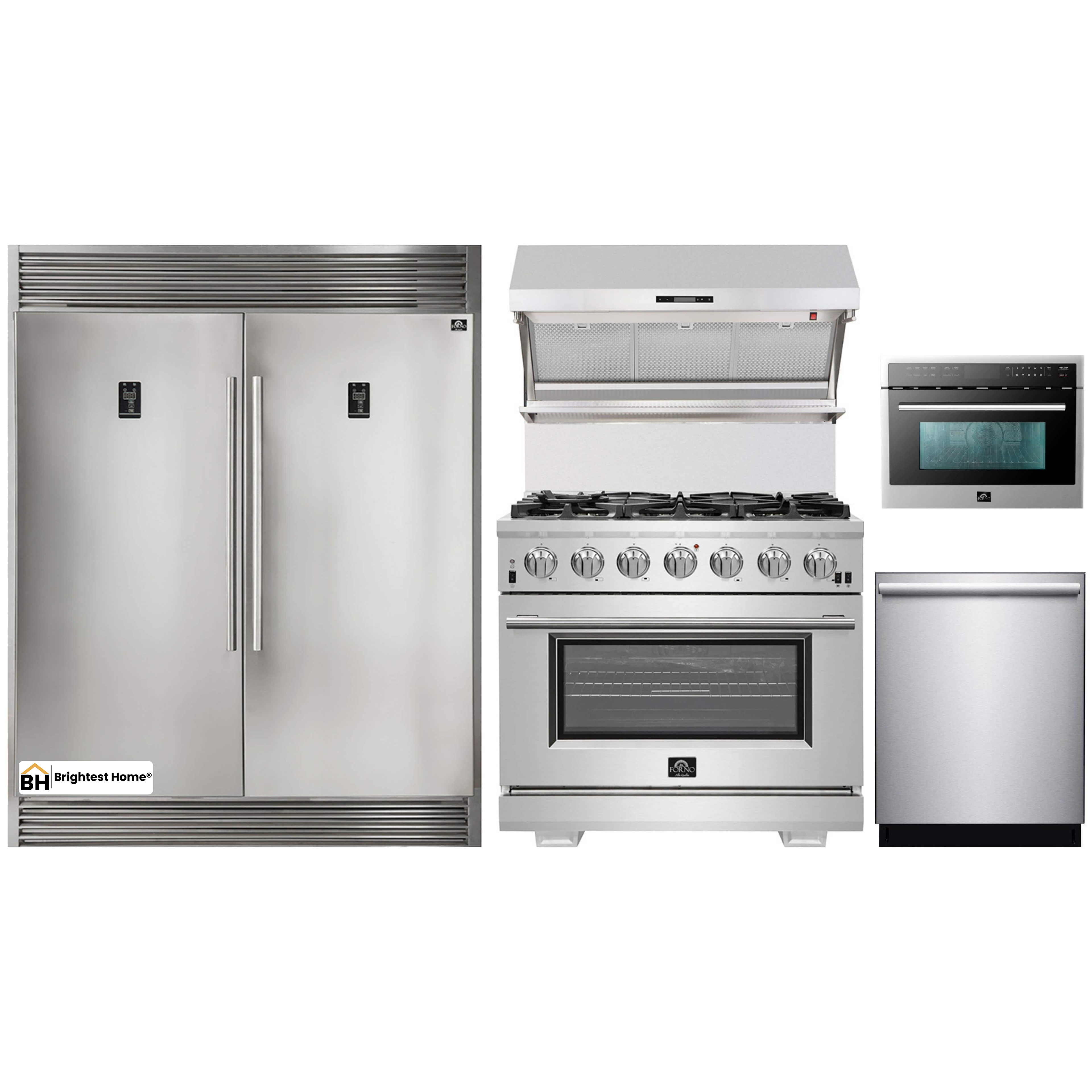 Forno 5-Piece Pro Appliance Package - 36-Inch Gas Range, 56-Inch Pro-Style Refrigerator, Wall Mount Hood with Backsplash, Microwave Oven, & 3-Rack Dishwasher in Stainless Steel