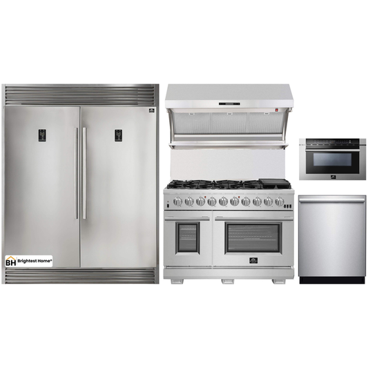 Forno 5-Piece Pro Appliance Package - 48-Inch Gas Range, 56-Inch Pro-Style Refrigerator, Wall Mount Hood with Backsplash, Microwave Drawer, & 3-Rack Dishwasher in Stainless Steel