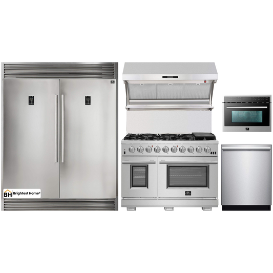 Forno 5-Piece Pro Appliance Package - 48-Inch Gas Range, 56-Inch Pro-Style Refrigerator, Wall Mount Hood with Backsplash, Microwave Oven, & 3-Rack Dishwasher in Stainless Steel