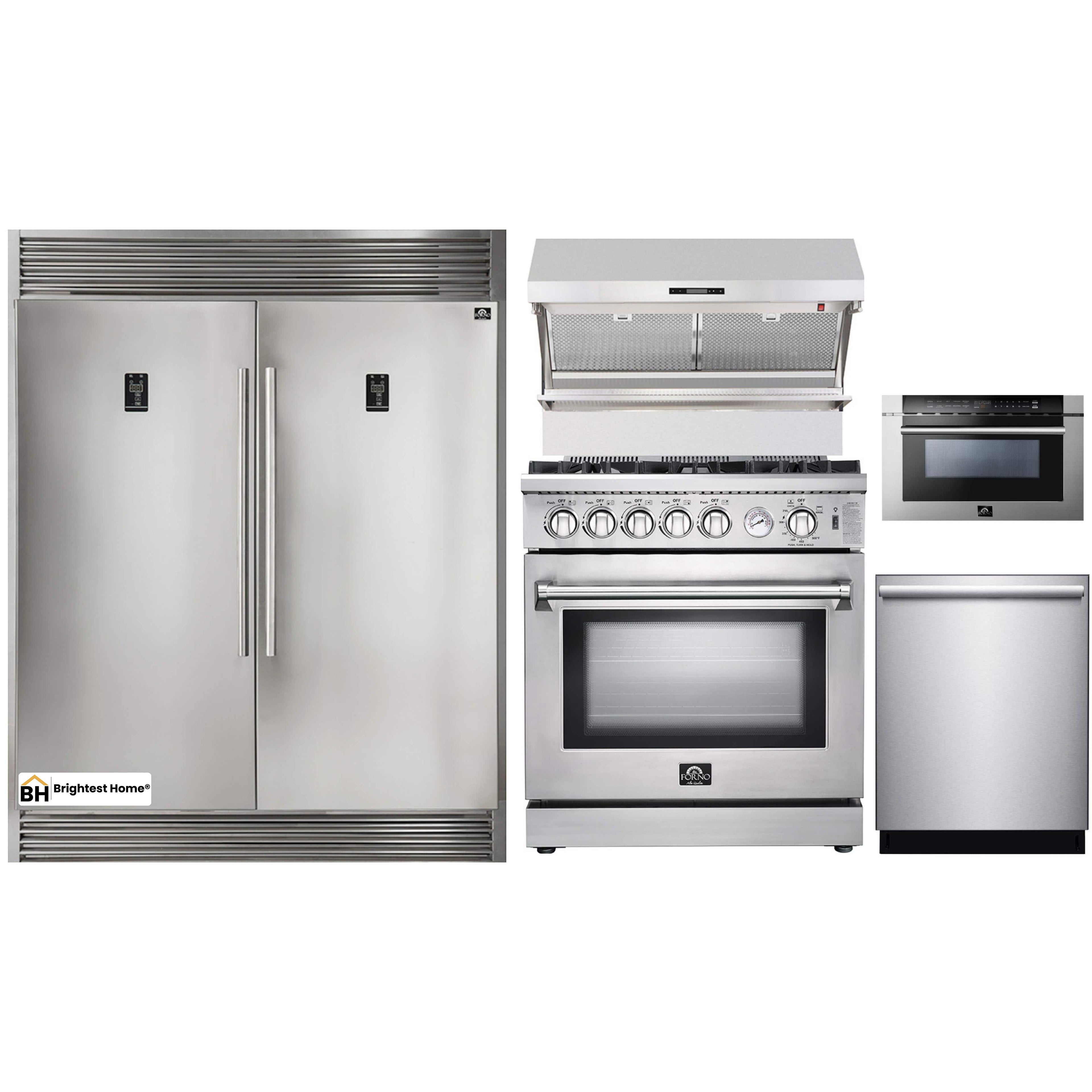 Forno 5-Piece Appliance Package - 30-Inch Gas Range, 56-Inch Pro-Style Refrigerator, Wall Mount Hood with Backsplash, Microwave Drawer, & 3-Rack Dishwasher in Stainless Steel