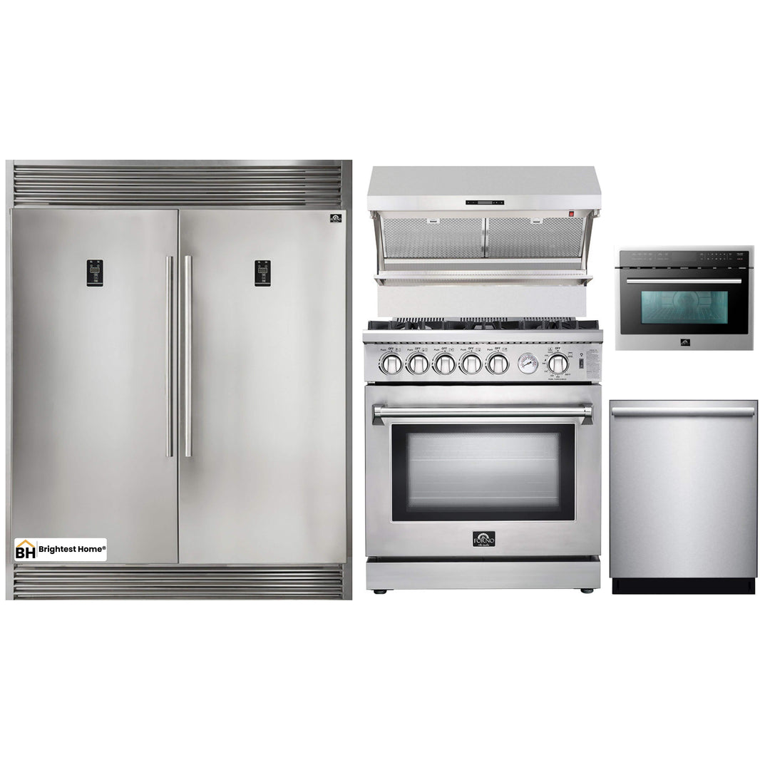 Forno 5-Piece Appliance Package - 30-Inch Gas Range, 56-Inch Pro-Style Refrigerator, Wall Mount Hood with Backsplash, Microwave Oven, & 3-Rack Dishwasher in Stainless Steel