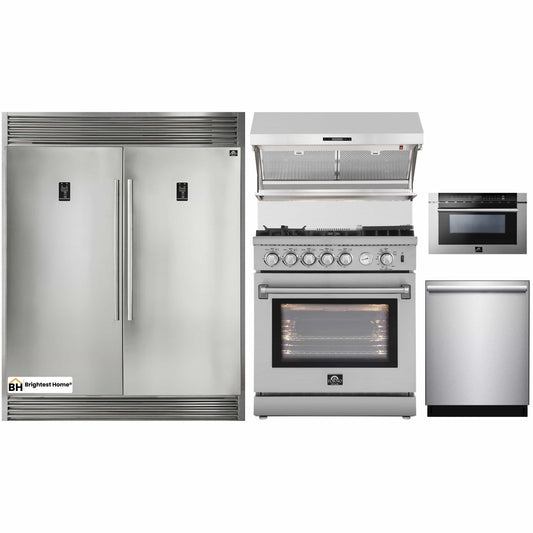 Forno 5-Piece Appliance Package - 30-Inch Gas Range with Air Fryer, 56-Inch Pro-Style Refrigerator, Wall Mount Hood with Backsplash, Microwave Drawer, & 3-Rack Dishwasher in Stainless Steel