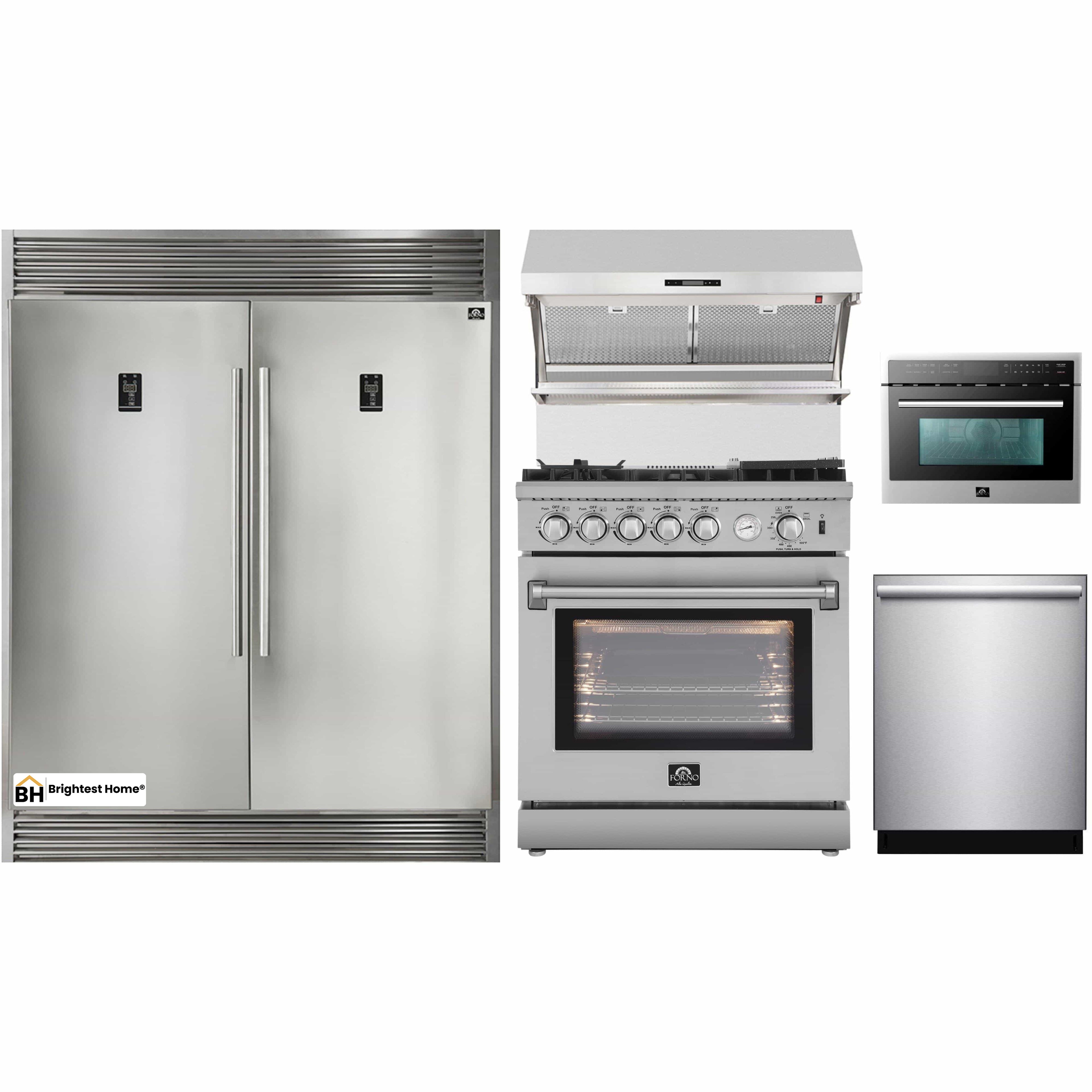 Forno 5-Piece Appliance Package - 30-Inch Gas Range with Air Fryer, 56-Inch Pro-Style Refrigerator, Wall Mount Hood with Backsplash, Microwave Oven, & 3-Rack Dishwasher in Stainless Steel