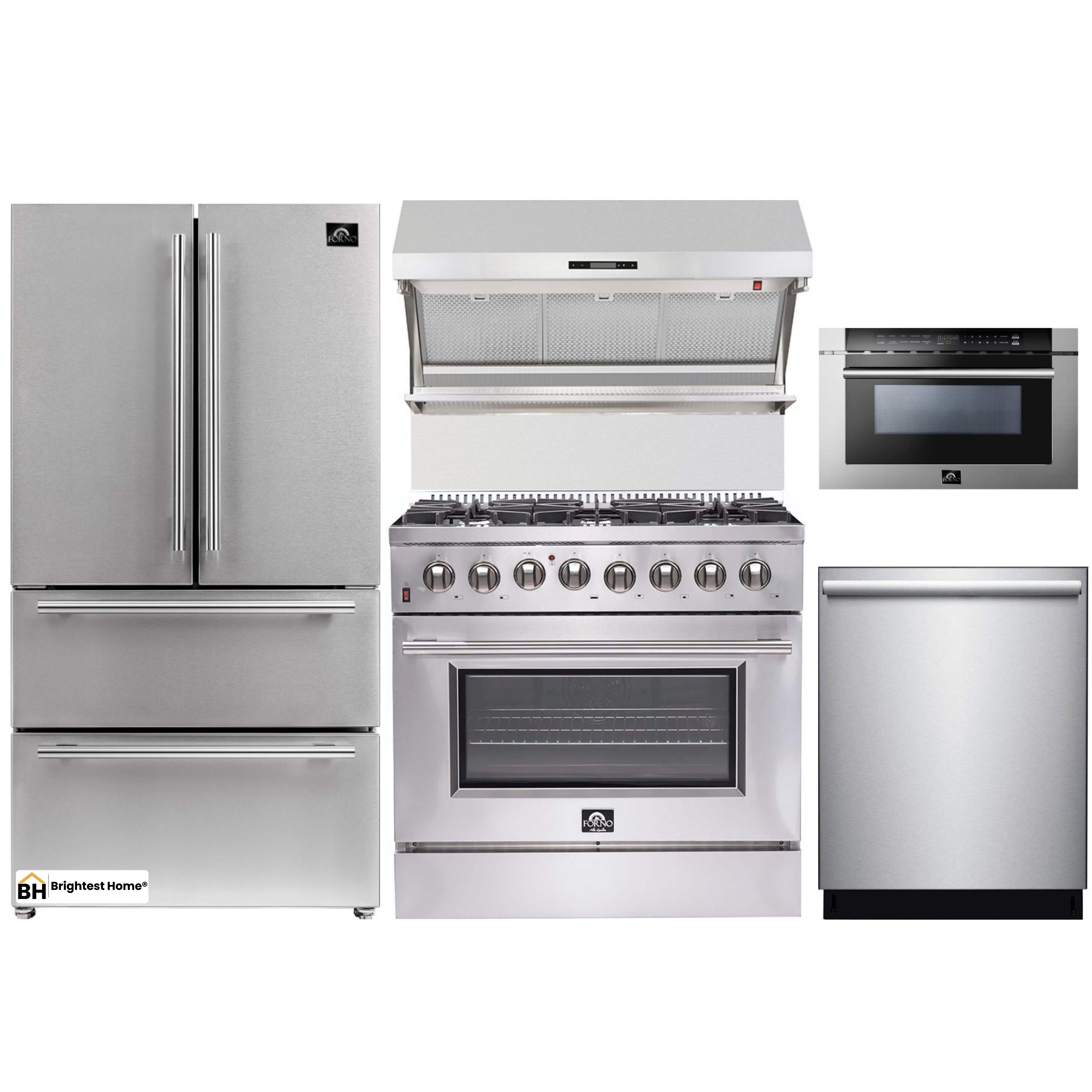 Forno 5-Piece Appliance Package - 36-Inch Dual Fuel Range, Refrigerator, Wall Mount Hood with Backsplash, Microwave Drawer, & 3-Rack Dishwasher in Stainless Steel