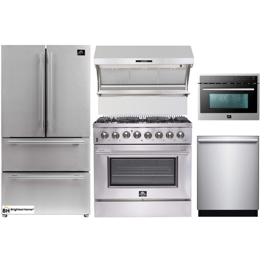 Forno 5-Piece Appliance Package - 36-Inch Dual Fuel Range, Refrigerator, Wall Mount Hood with Backsplash, Microwave Oven, & 3-Rack Dishwasher in Stainless Steel