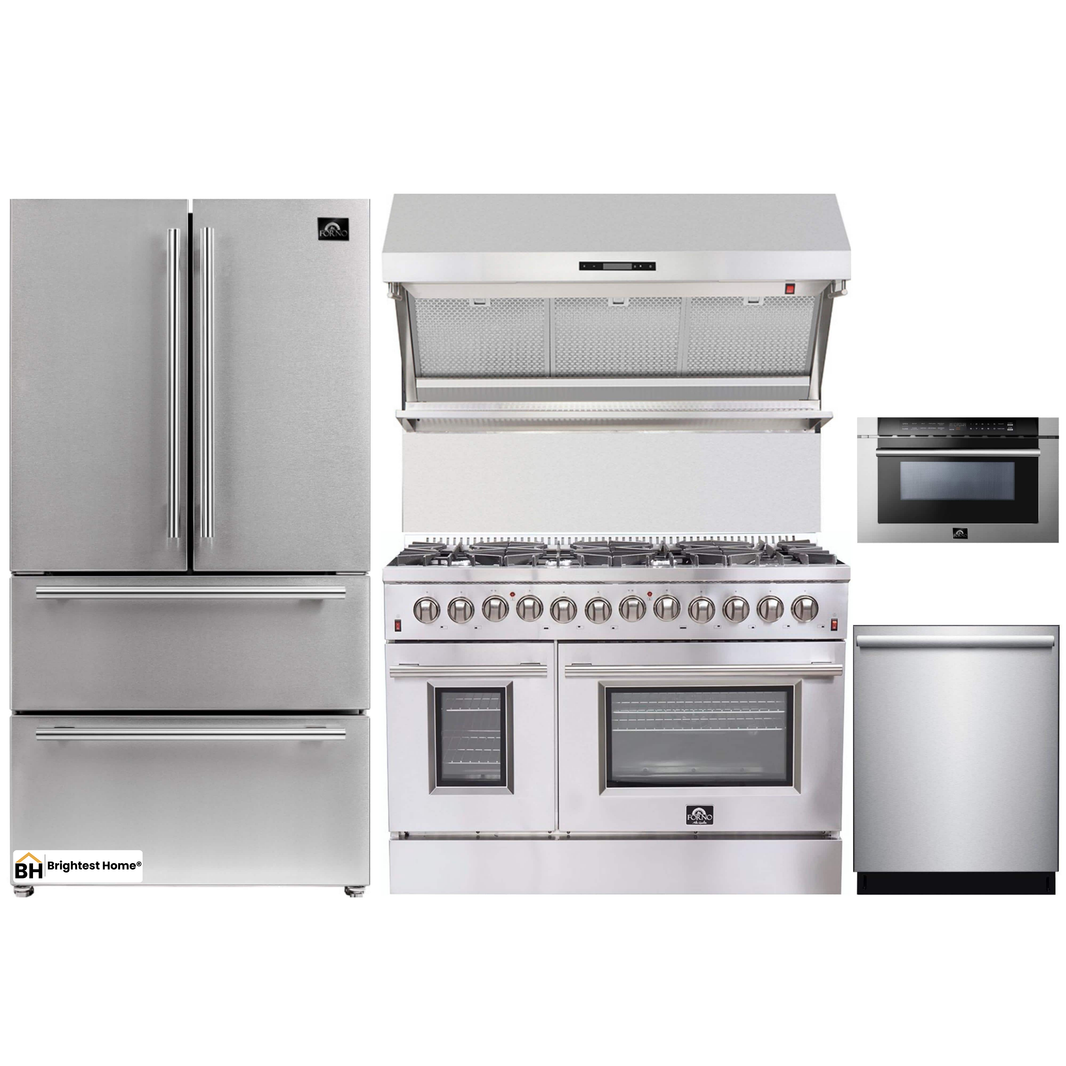 Forno 5-Piece Appliance Package - 48-Inch Dual Fuel Range, Refrigerator, Wall Mount Hood with Backsplash, Microwave Drawer, & 3-Rack Dishwasher in Stainless Steel