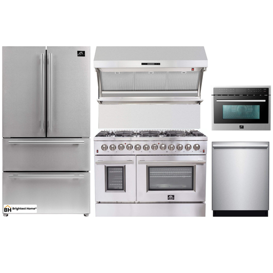 Forno 5-Piece Appliance Package - 48-Inch Dual Fuel Range, Refrigerator, Wall Mount Hood with Backsplash, Microwave Oven, & 3-Rack Dishwasher in Stainless Steel