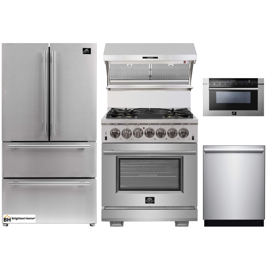 Forno 5-Piece Pro Appliance Package - 30-Inch Dual Fuel Range, Refrigerator, Wall Mount Hood with Backsplash, Microwave Drawer, & 3-Rack Dishwasher in Stainless Steel