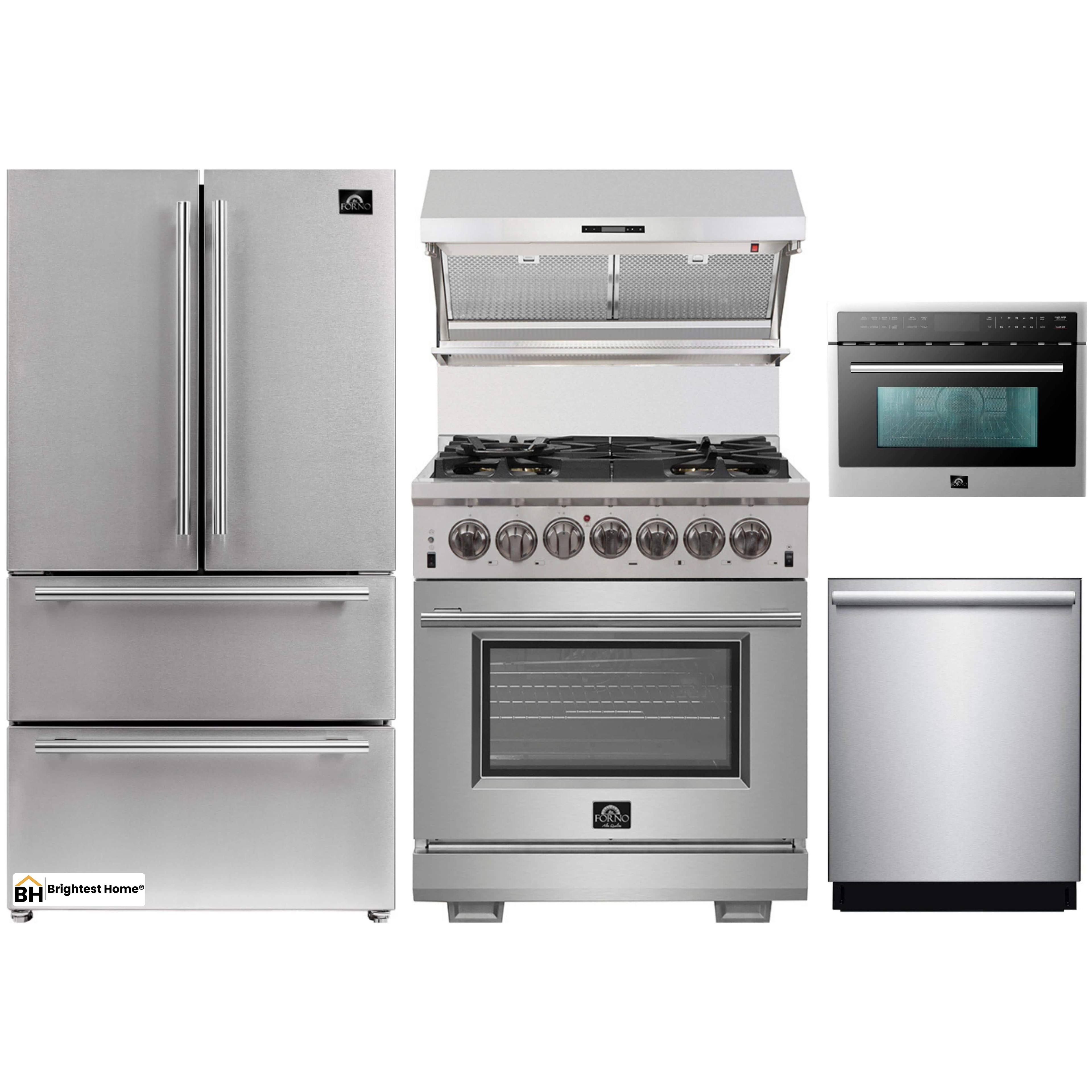 Forno 5-Piece Pro Appliance Package - 30-Inch Dual Fuel Range, Refrigerator, Wall Mount Hood with Backsplash, Microwave Oven, & 3-Rack Dishwasher in Stainless Steel