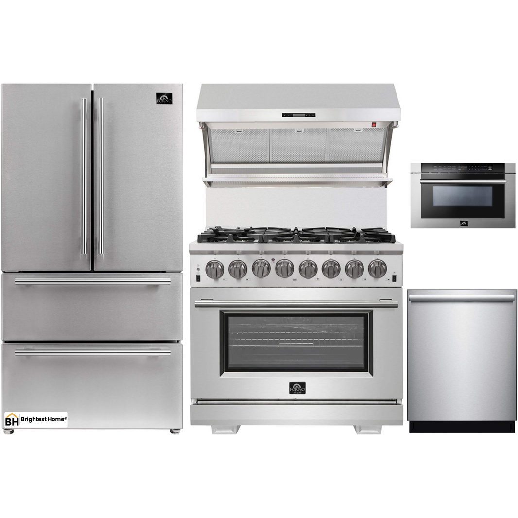 Forno 5-Piece Pro Appliance Package - 36" Dual Fuel Range, 36" Refrigerator, Wall Mount Hood with Backsplash, Microwave Drawer, & 3-Rack Dishwasher in Stainless Steel