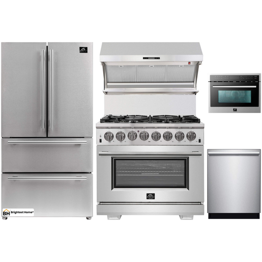 Forno 5-Piece Pro Appliance Package - 36-Inch Dual Fuel Range, Refrigerator, Wall Mount Hood with Backsplash, Microwave Oven, & 3-Rack Dishwasher in Stainless Steel