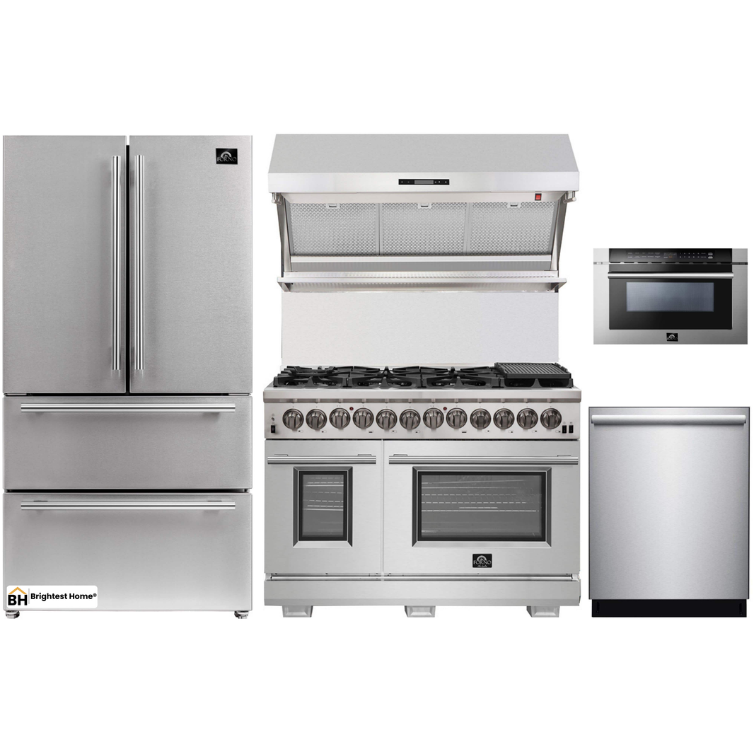 Forno 5-Piece Pro Appliance Package - 48-Inch Dual Fuel Range, Refrigerator, Wall Mount Hood with Backsplash, Microwave Drawer, & 3-Rack Dishwasher in Stainless Steel