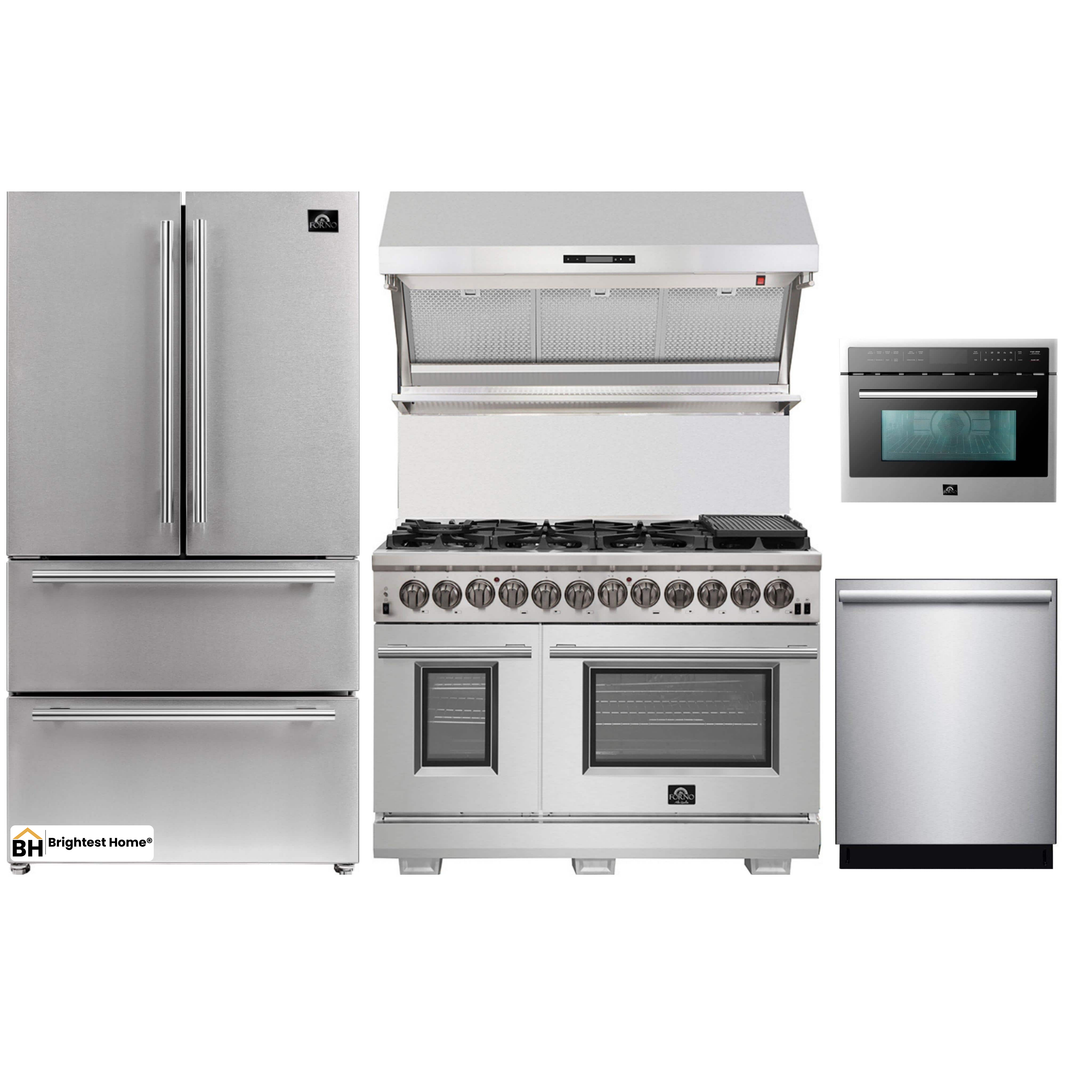 Forno 5-Piece Pro Appliance Package - 48-Inch Dual Fuel Range, Refrigerator, Wall Mount Hood with Backsplash, Microwave Oven, & 3-Rack Dishwasher in Stainless Steel