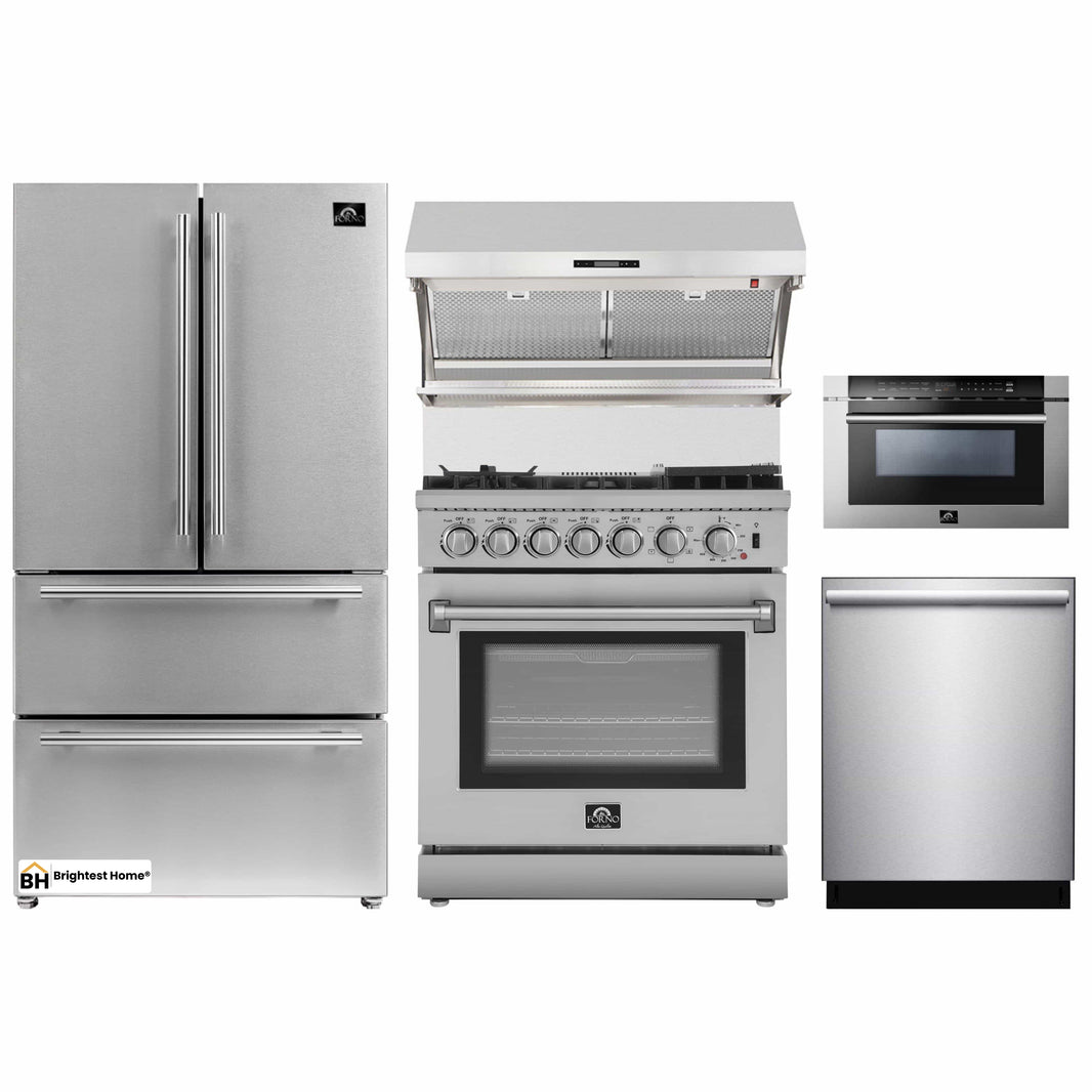 Forno 5-Piece Appliance Package - 30-Inch Dual Fuel Range with Air Fryer, Refrigerator, Wall Mount Hood with Backsplash, Microwave Drawer, & 3-Rack Dishwasher in Stainless Steel