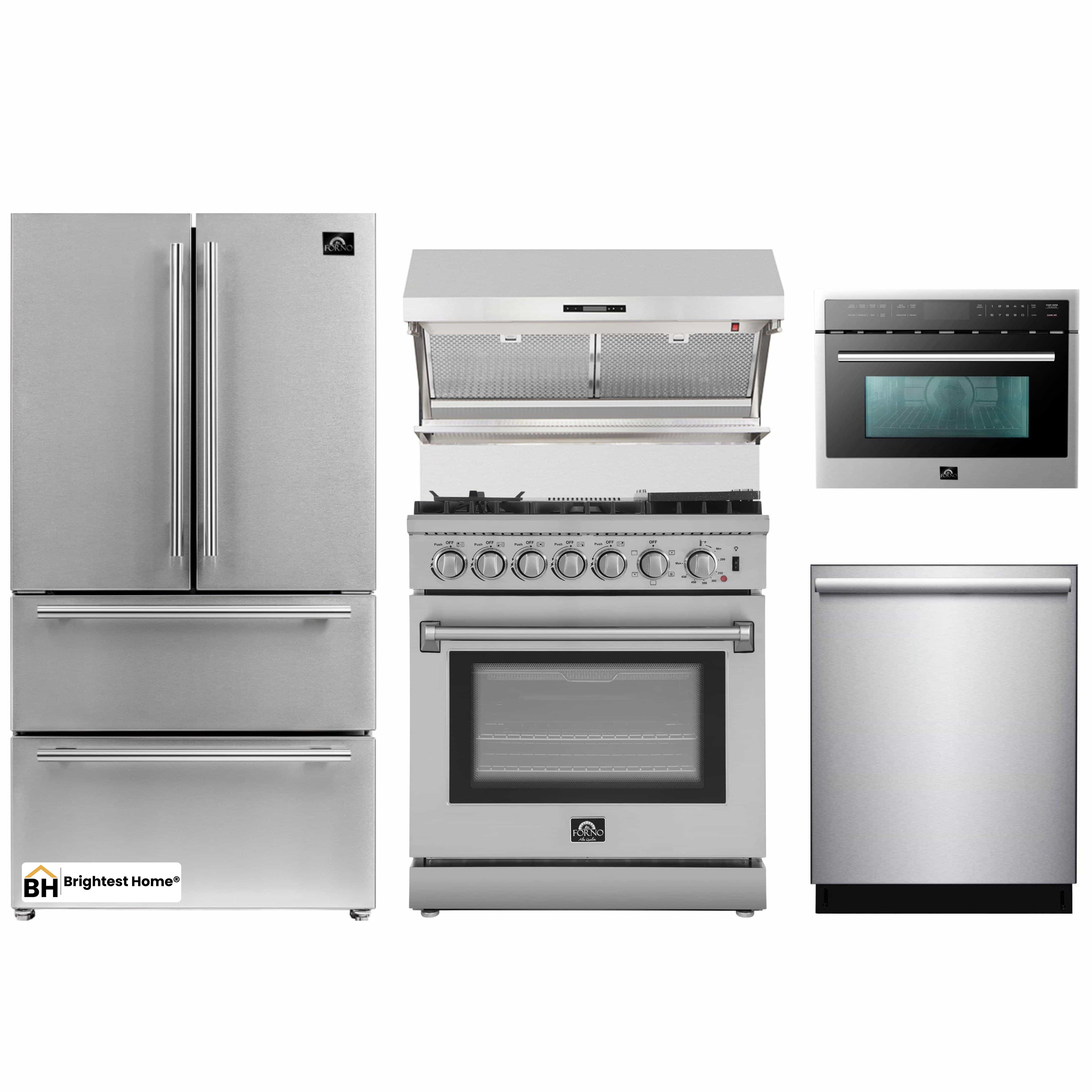 Forno 5-Piece Appliance Package - 30-Inch Dual Fuel Range with Air Fryer, Refrigerator, Wall Mount Hood with Backsplash, Microwave Oven, & 3-Rack Dishwasher in Stainless Steel