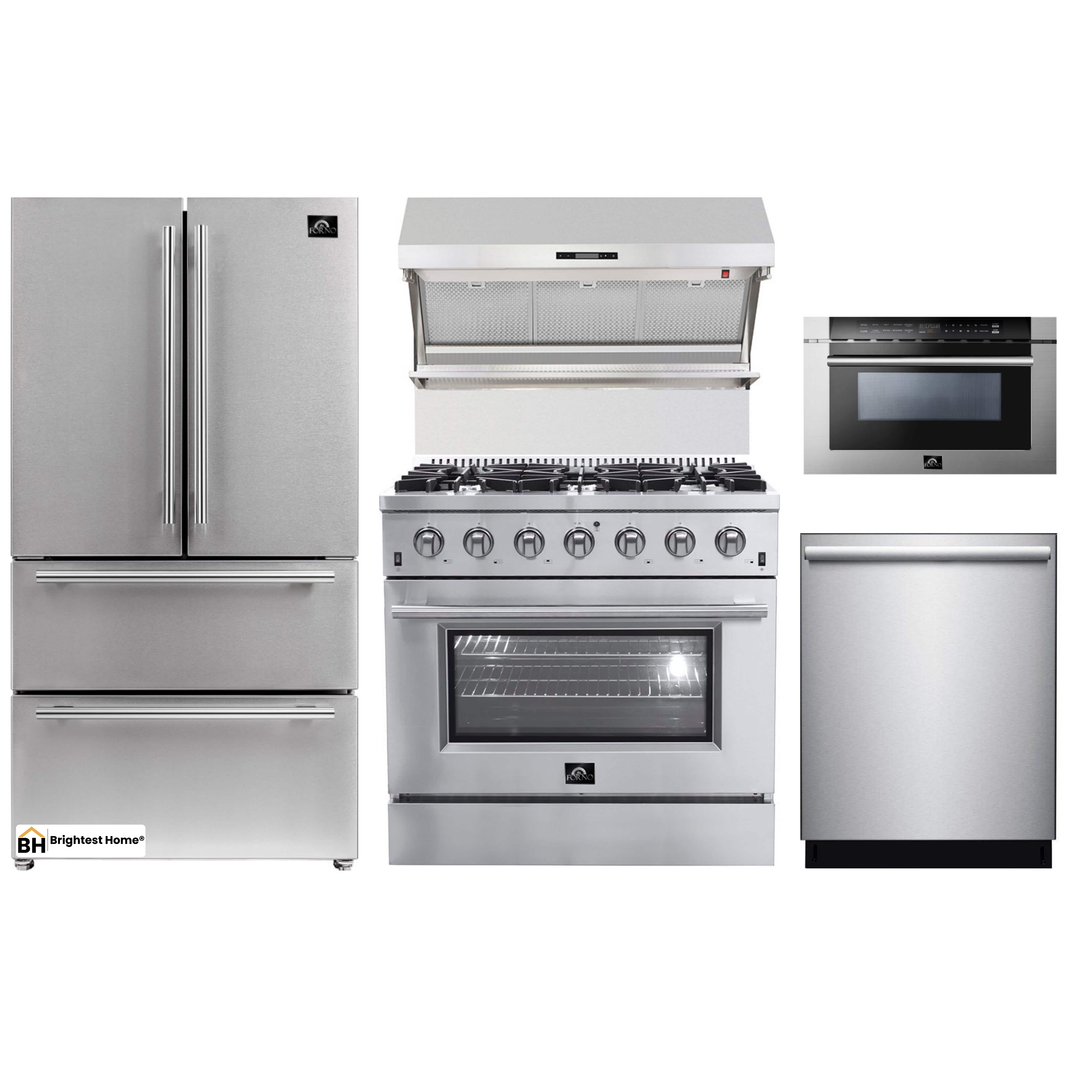 Forno 5-Piece Appliance Package - 36-Inch Gas Range, Refrigerator, Wall Mount Hood with Backsplash, Microwave Drawer, & 3-Rack Dishwasher in Stainless Steel