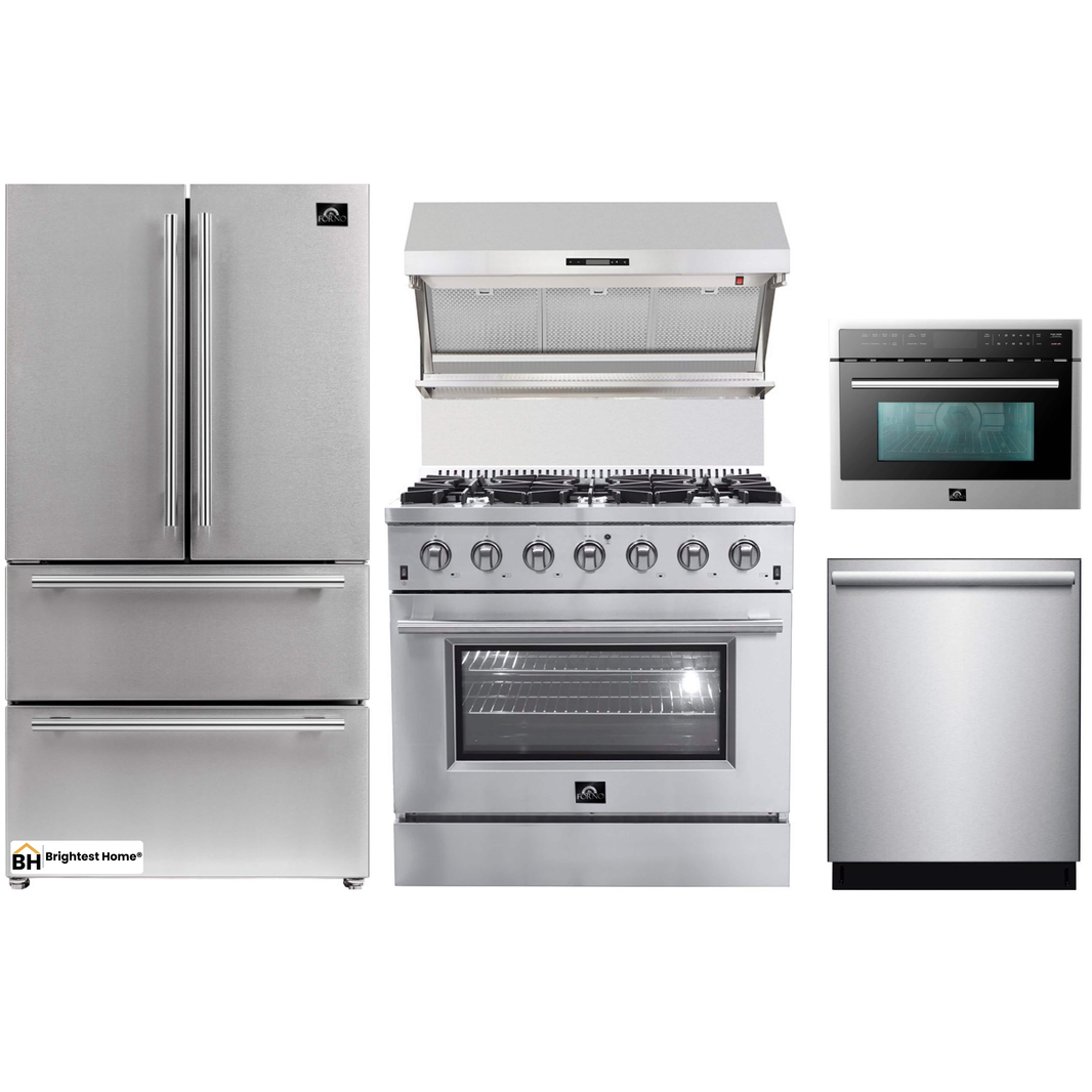 Forno 5-Piece Appliance Package - 36-Inch Gas Range, Refrigerator, Wall Mount Hood with Backsplash, Microwave Oven, & 3-Rack Dishwasher in Stainless Steel