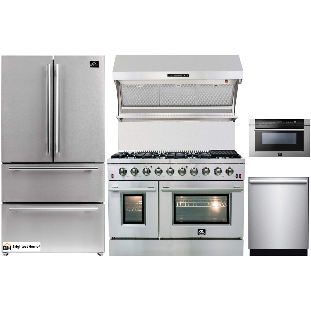 Forno 5-Piece - 48-Inch Gas Range, Refrigerator, Wall Mount Hood with Backsplash, Microwave Drawer, & 3-Rack Dishwasher in Stainless Steel