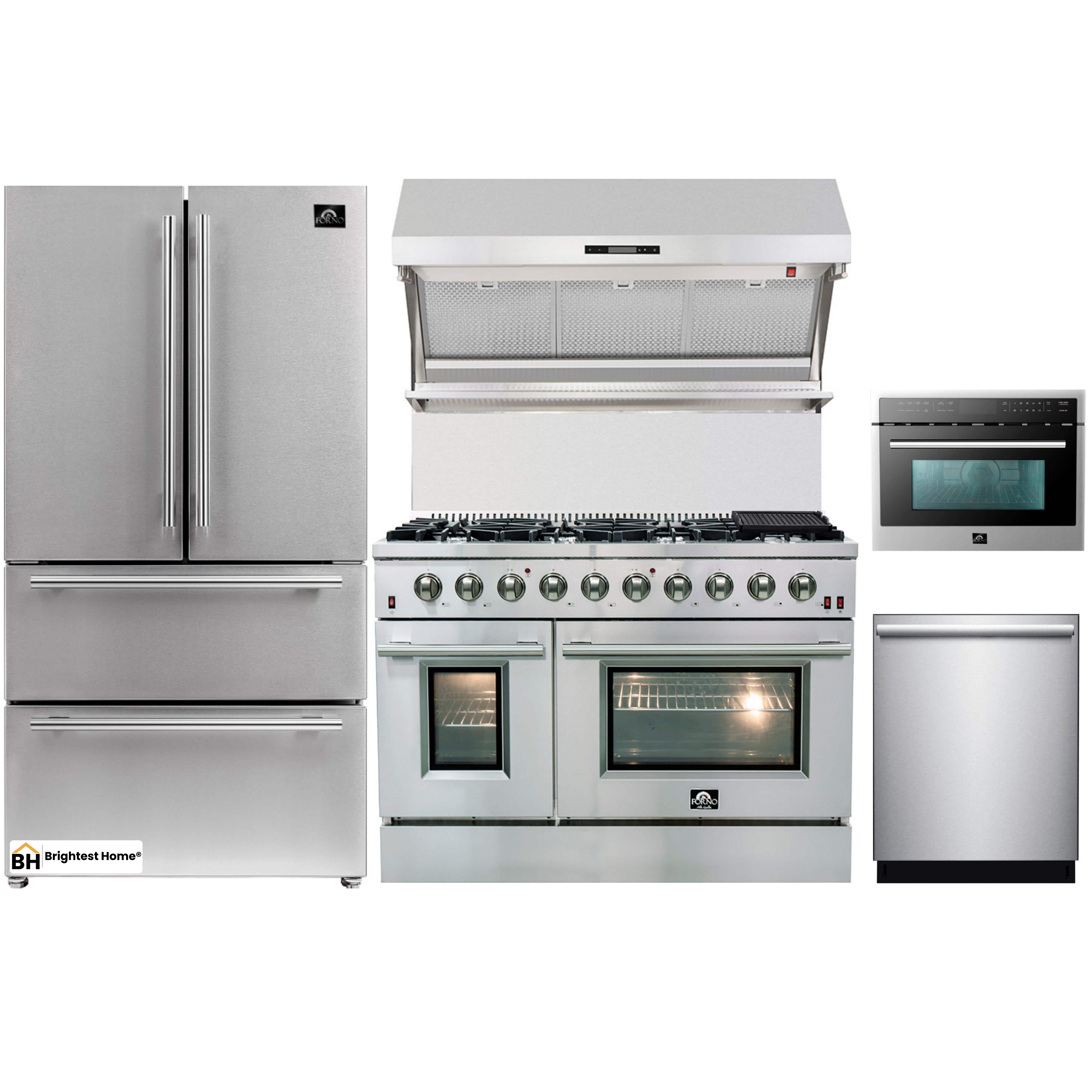 Forno 5-Piece Appliance Package - 48-Inch Gas Range, Refrigerator, Wall Mount Hood with Backsplash, Microwave Oven, & 3-Rack Dishwasher in Stainless Steel