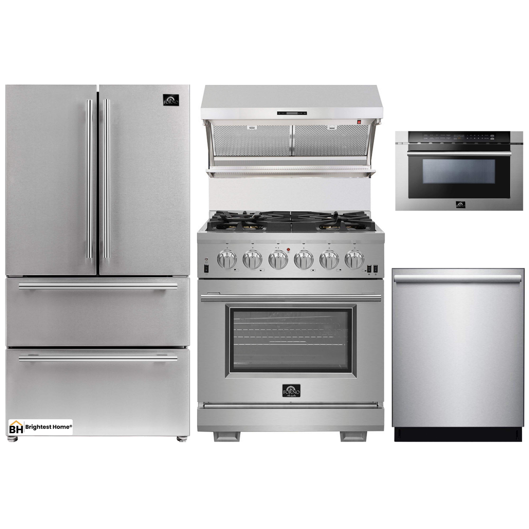 Forno 5-Piece Pro Appliance Package - 30-Inch Gas Range, Refrigerator, Wall Mount Hood with Backsplash, Microwave Drawer, & 3-Rack Dishwasher in Stainless Steel