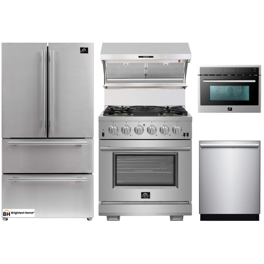 Forno 5-Piece Pro Appliance Package - 30-Inch Gas Range, 36-Inch Refrigerator Wall Mount Hood with Backsplash, Microwave Oven, & 3-Rack Dishwasher in Stainless Steel