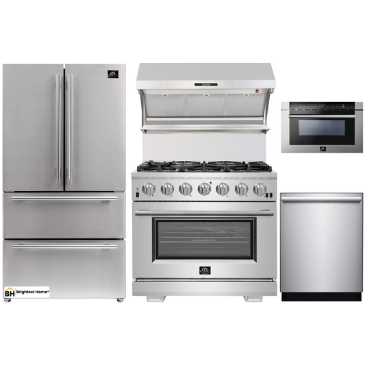 Forno 5-Piece Pro Appliance Package - 36-Inch Gas Range, Refrigerator, Wall Mount Hood with Backsplash, Microwave Drawer, & 3-Rack Dishwasher in Stainless Steel